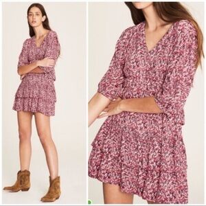 BA&SH Nina Dress Pink Floral Tiered Ruffle Puff 3/4 sleeves minidress